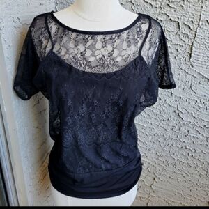 WHBM Black Lace Overlay Blouse Short Sleeve